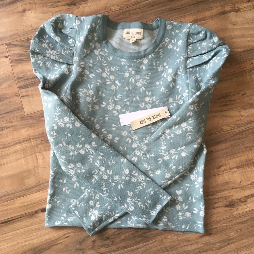 Puff Shoulder Dusty Blue Floral Top